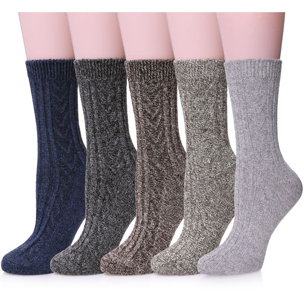 MQELONG Womens 5 Pairs Soft Thick Comfort Casual Cotton Warm Wool Crew Winter Socks (5 Pack Solid color B)