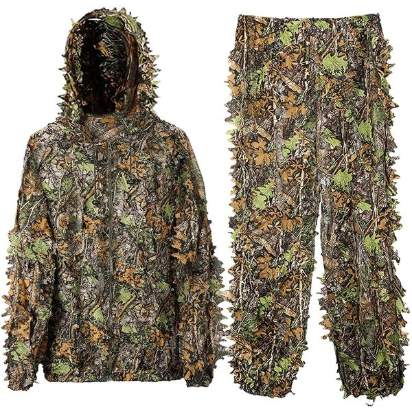 Kugooyi 3D Ghillie Suit, Tarnanzug Dschungel Camouflage Bionic Design leicht Blättern Tarn Kleidung Hose Jacke Set mit Kappen für Jagd Airsoft Outdoor Militär Verdeckt Erwachsene (M/L)