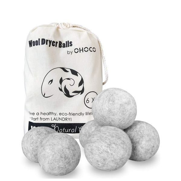 OHOCO Wool Dryer Balls 6 Pack XL, Organic Natural Wool for Laundry, Fabric Softening - Anti Static, Baby Safe, No Lint, Odorless and Reusable Gray