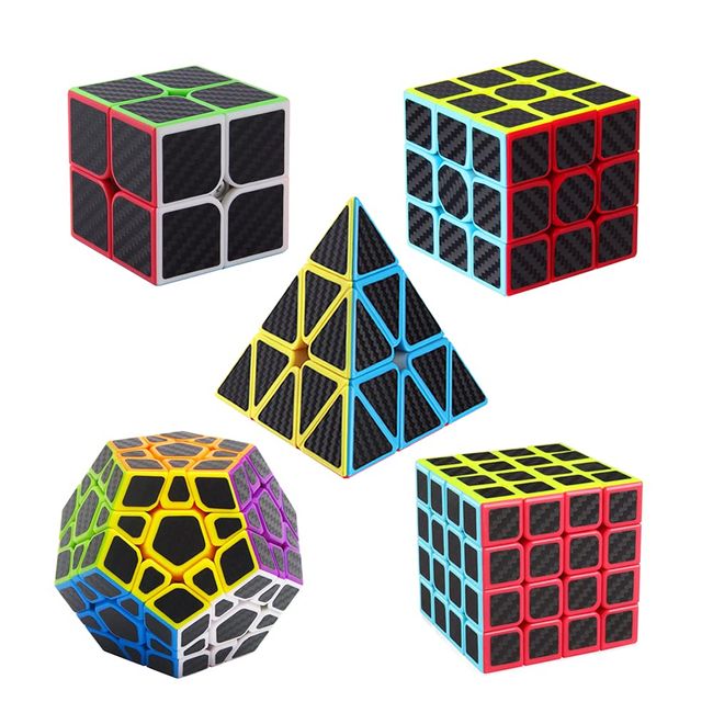 Roxenda Speed Cube Set, [5 Pack] Magic Cube Bundle of 2x2 3x3 4x4 Megaminx Cube and Pyramid Cube Smoothly Carbon Fiber Sticker Speed Cubes Collection for Kids Teens & Adults