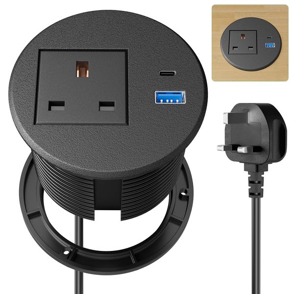 Desk Power Strip USB C PD20W, Desk Grommet Power Socket 80MM, Recessed Power Socket with USB, Desk Extension Lead 2M Extension Cord, Black