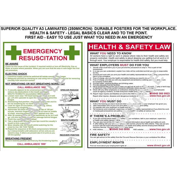 HEALTH & SAFETY LAW+ FIRST AID 2 QUALITY A3 LAMINATED POSTERS