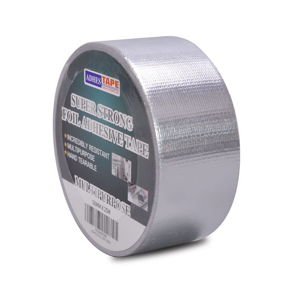 ADHES Professional Glass Fiber Aluminum Foil Tape, Withstand 80°C to 100°C, Fireproof Heat Resistant Tape, Reinforced Foil Duct Tape, for HVAC, Metal Repair Sealing and Insulation,50MM X 25M