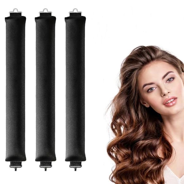 Overnight No Heat Hair Curls 3Pcs, for Long Medium Hair Overnight Heatless Jumbo Flexi Rods With Hook for Hair Heatless Curlers Headband(Black)