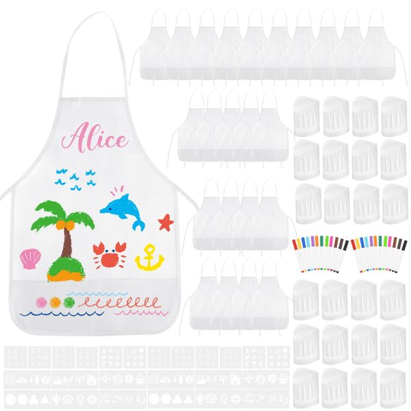 BOUBONI 72PCS DIY Kids Chef Hat and Apron Set Kids Painting Aprons with Colored Pen and Crafts Template for Baking Painting Craft