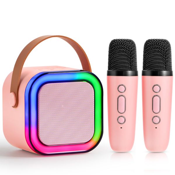 SYNCFUN Karaoke Machine, Mini Karaoke Machine with 2 Wireless Microphones for Kids and Adults, Bluetooth Speaker Toys, Birthday Gifts for Girls Ages 3,4, 5, 6,7, 8,9,10,11,12+ Years Old(Pink)