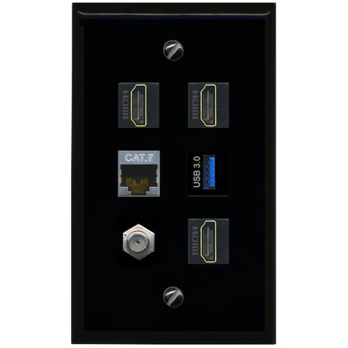 RiteAV CAT7 Coax 3 HDMI USB 3 Flat/Solid Wall Plate [Black]