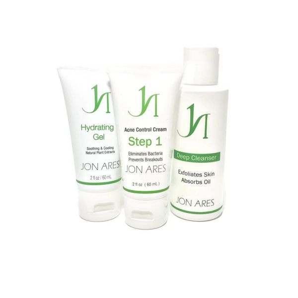 Jon Ares Acne Control Step 1 Kit For Mild to Moderate Breakouts With Benzoyl Peroxide Includes Deep Cleanser and Hydrating Gel For Full Facial Restoration