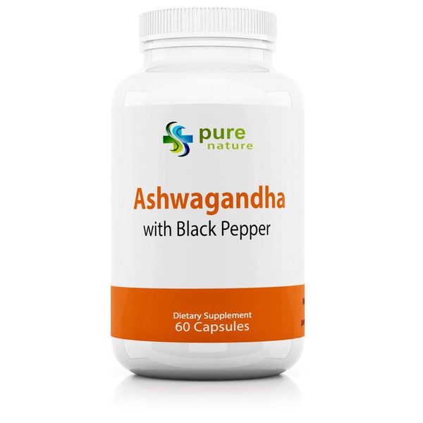 PureNature Ashwagandha 1300mg Organic Ashwagandha Root Powder & Black Pepper Extract 60 Veggie Capsules