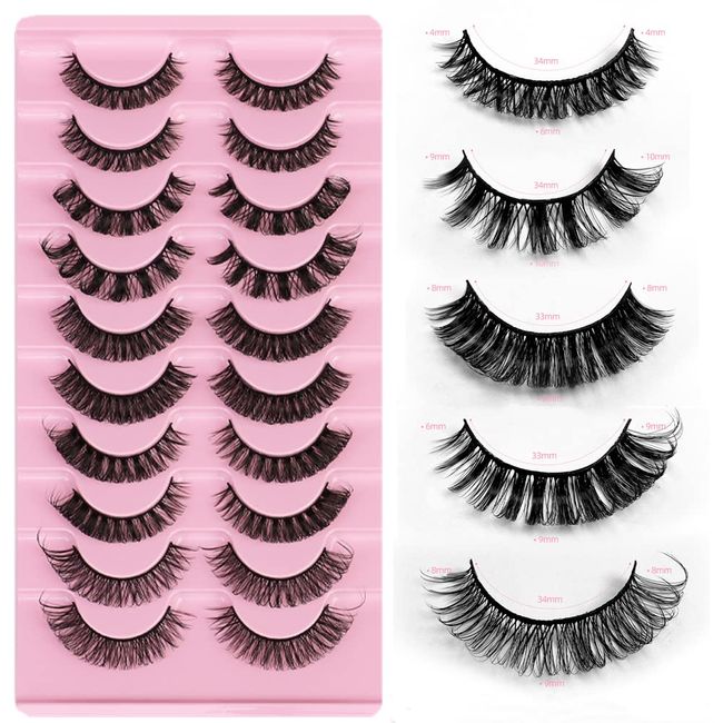 Russian Strip Lashes D Curl Wispy Fluffy False Eyelashes Faux Mink Lashes 10 Pairs 5 Styles Volume Curly Fake Eyelashes Pack (5 Styles Mix)