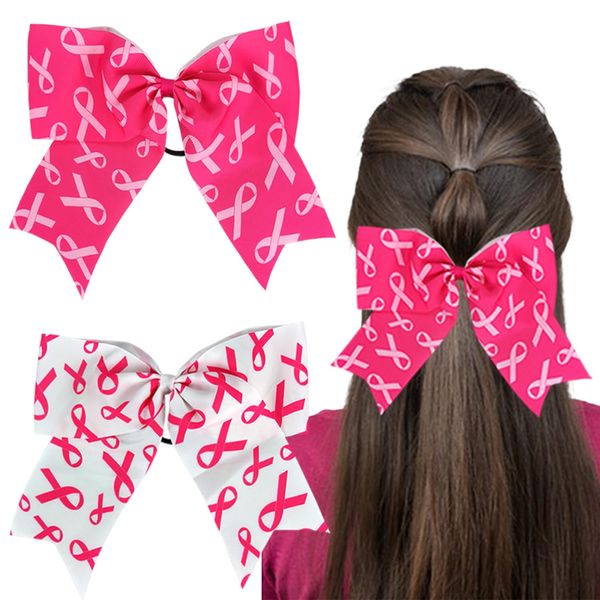 2PCS Large Breast Cancer Cheer Bows Hair Ties 12’’ Pink Ribbon Cheerleading Bows Ponytail Holder Cheerleader Elastic Band Hair Bow for Women Girls College School Sports Hair Accessories (Pink White)