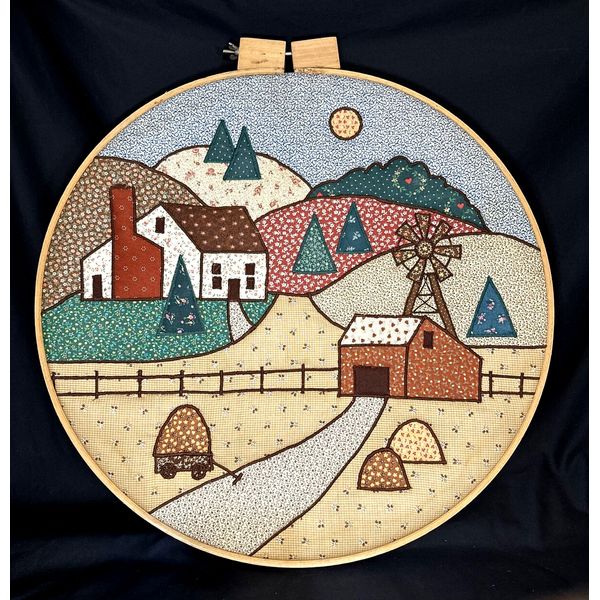 Wall Deco 20" Embroidery Hoop Quilted Home Farm Cottage Country Windmill Scene