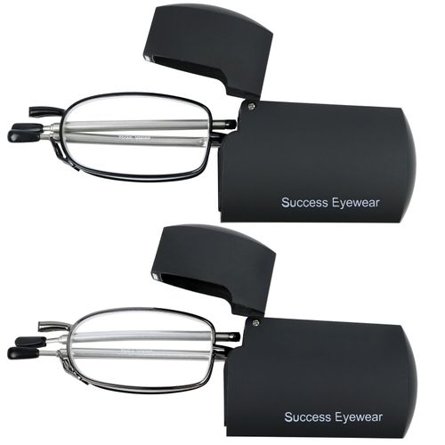Success Eyewear Reading Glasses 2 Pair Black and Gunmetal Readers Compact Folding Glasses for Reading for Men and Women Case Included +1.5