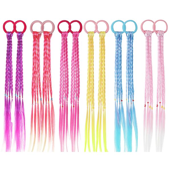 KAGNAL 12 Pieces Colored Braids Hair Extensions with Rubber Bands Ponytail Hair Extension for Girls Hair Accessories Colorful Synthetic Hairpieces