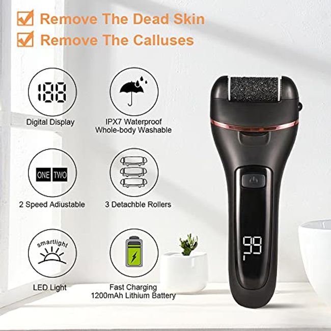Electric Callus Remover for Feet,12 in 1 Pedicure Tools Kit Foot Scrubber  to Remove Dead Skin and Cracked Heels,Professional Foot Care Foot Files  with 3 Roller Heads, 2 Speed, Battery Display,Black 
