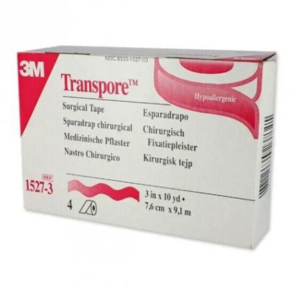 3M Transpore Medical Tape 3" x 10 Yard 1527-3 Box of 4 Rolls CLEAR Adhesive Tape