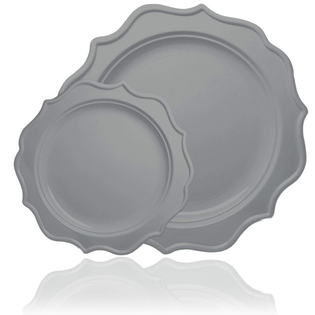 White Plastic Dinner Plates with Silver Scalloped Rim