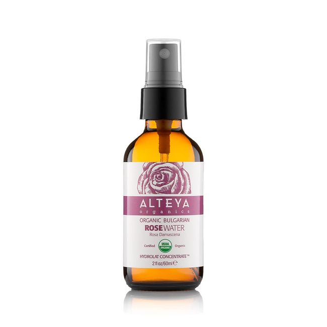 Alteya Organics Rose Water USDA Certified Organic Facial Toner, 2 Fl Oz/60mL Pure Bulgarian Rosa Damascena Flower Water, Award-Winning Moisturizer Amber Glass Spray Bottle