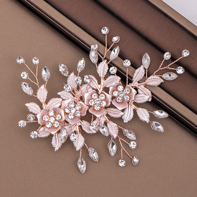 Wedding Hair Clip Hair Accessories for Women Handmade Flower Rhinestone Headpiece Hair Pins for Bridal Bridesmaid Girls (Rose Gold)