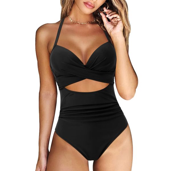 DOULAFASS Women Tummy Control Swimming Costume One Piece Push Up Swimsuits Cutout Monokini Swimwear