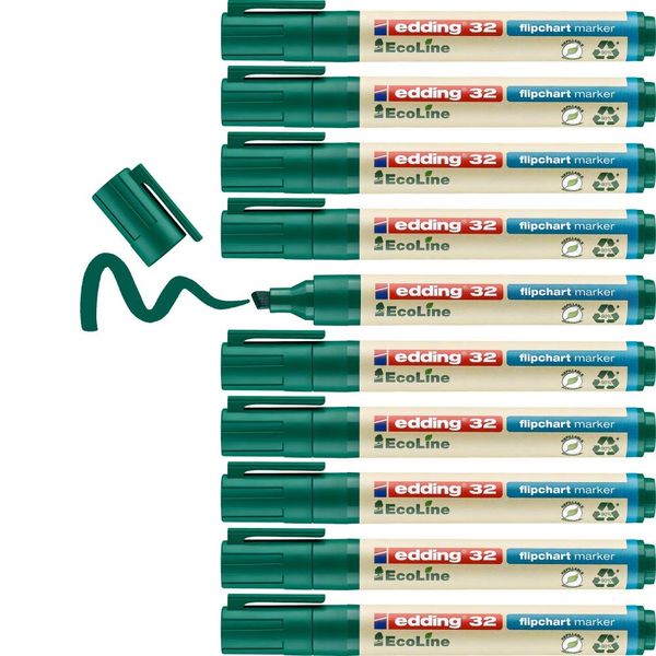 edding 32 EcoLine flipchart marker - green - box of 10 - chisel nib 1-5 mm - marker for writing, drawing on flipchart paper - does not bleed through - does not dry out - refillable