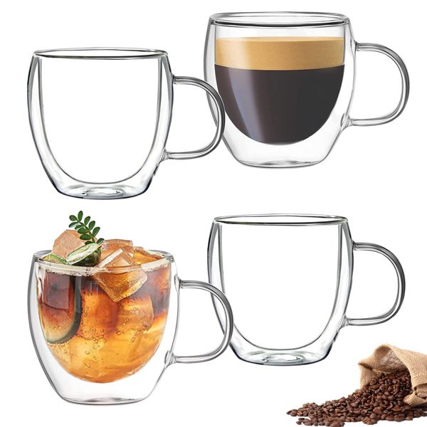 Mfacoy Double Wall Insulated Glasses Espresso Cups Set of 4, 5 oz Clear Coffee Cups with Handle, Espresso Shot Glasses, Suit for Espresso Machine, Latte, Cappuccino, Glass Coffee Mugs