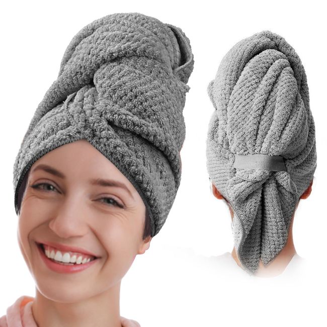 Microfiber Hair Towel for Women,Super Absorbent Drying Hair Turbans,Anti Frizz Hair Drying Towel for Wet Hair, Long, Thick, Curly Hair, Super Soft Hair Wrap Towels with Elastic Strap (Grey)