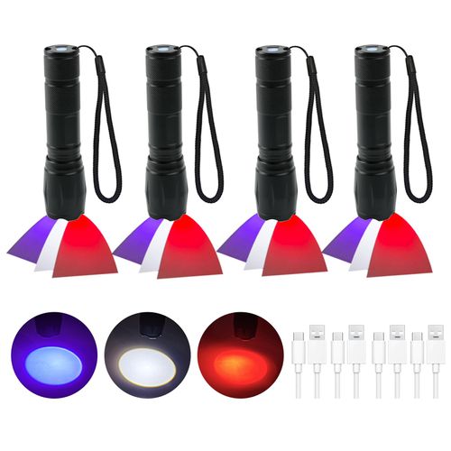4 Pack LED Rechargeable Red Flashlight, Zoomable LED Small Black Flashlight with Memory Function, Super Bright Red Light 395 NM Black Lights Flashlights with USB C Charging for Camping Hiking Home