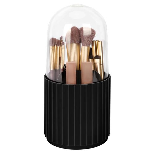 JessLab Makeup Brush Holder Organizer with Lid, 360 Degree Rotatable Makeup Brush Organizer Spinning Cosmetics Holders Brush Storage Box Display for Bathroom Vanity Countertop, Black