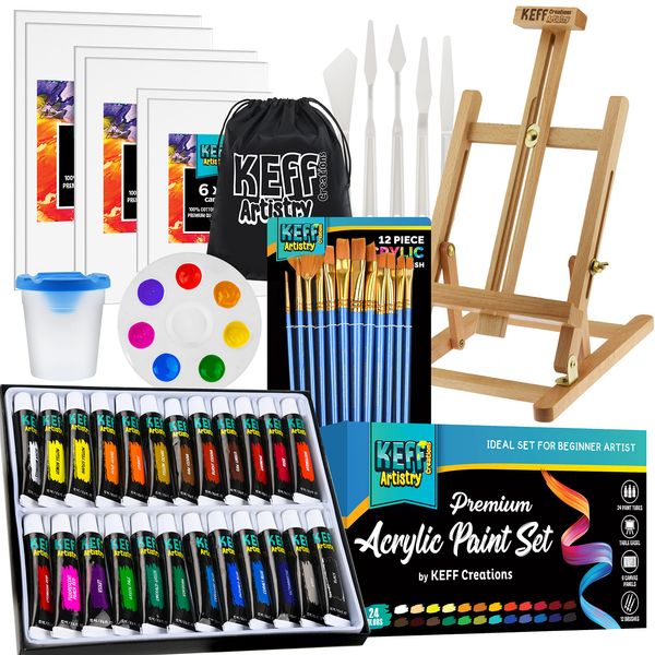 KEFF Acrylic Paint Set for Adults & Kids, 51Pc Painting Kits for Adults w Paint Supplies,Art Painting Kit w 24 Acrylic Paints, Wood Paint Easel, Paint Canvas, Palette, Paint Knives, Water Basin & Bag