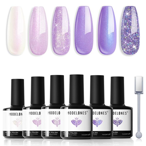 modelones Purple Glitter Gel Nail Polish Set, 6 Colors Shimmer Violet Mermaid Gel Polish Cat Eye Sparkle gel nail Soak Off Led Summer Nail Gel Polish for Women Girl DIY Nail Art Gift