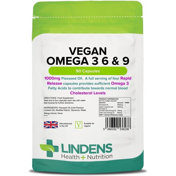 Lindens Vegan Omega 3 6 9 Flaxseed Oil 2-PACK 180 Capsules 1000mg Flax Seed