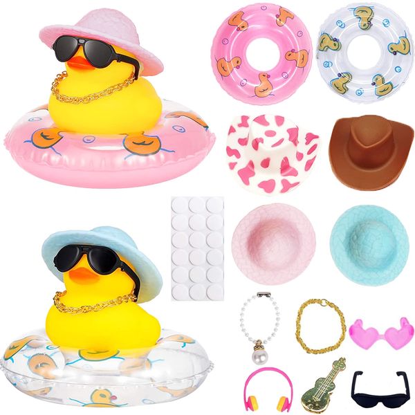 Carreuty 2PCS Car Rubber Duck Decoration Dashboard Yellow Duck with Hat Sunglasses Chain Donut Guitar for Bath Toys Baby Shower Toy Bedroom Ornaments