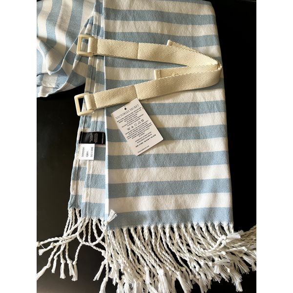 VICTORIAS SECRET MONOGRAM FRINGE BEACH BLANKET BLUE WHITE STRIPED 34"x64" NWT