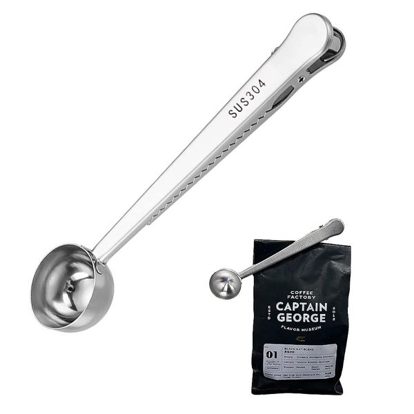 7 Inch Coffee Scoop with Bag Clip, Silver Coffee Scoop in SUS 304, Coffee Accessory Coffee Spoon for Measuring,Sealing, Coffee Measuring Spoon for Coffee Beans, Milk Powder