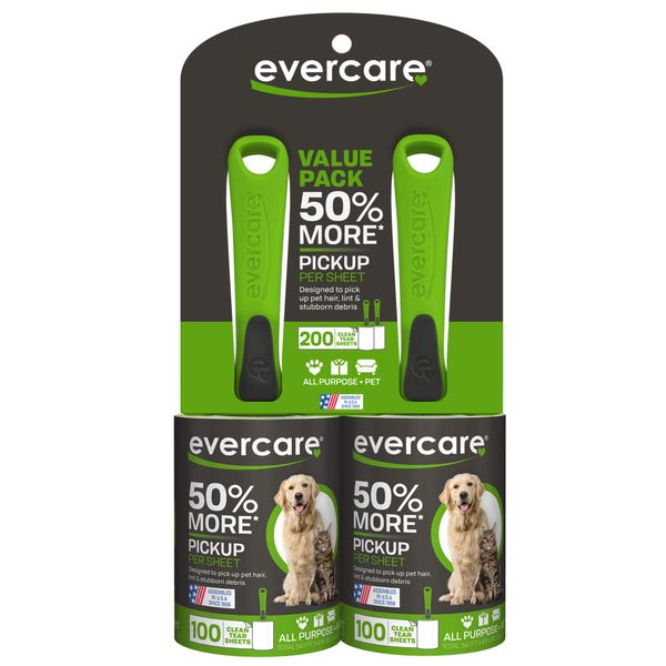 Evercare Value Pack of 2 All Purpose Stick Pet Hair Lint Rollers, 100 Sheets Each, Total 200 Sheets