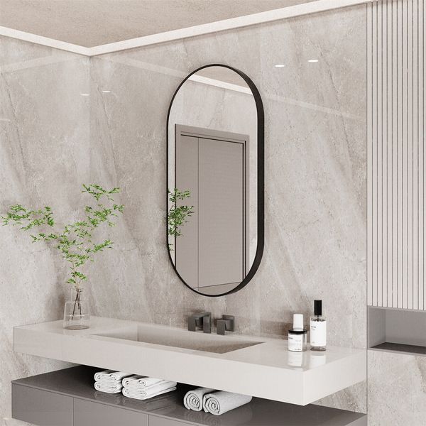 Large Oval Bathroom Mirror Wall Mounted Metal Frame Hang Vertically Horizontally