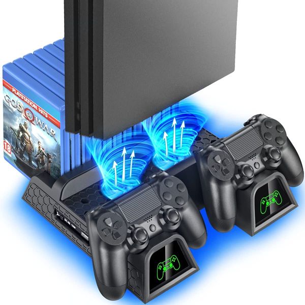 OIVO PS4 Standfuß, PS4 Lüfter, PS4 Kühler mit PS4 Controller Ladestation für Playstation 4/PS4 Pro/Slim, PS4 Halterung mit PS4 Ladestation, PS4 Ständer PS4 Lüfter Kühler mit 12 Spiele Lagerung