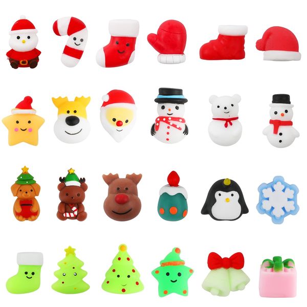 DERAYEE 24 PCS Christmas Mochi Squeeze Toys, Christmas Squishy Toys Stress Relief Toy Christmas Tree Santa Claus Bear Goody Bags Filler Gifts for Christmas Party Favors