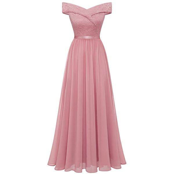 Bbonlinedress Sommerkleid Damen Abendkleid lang Elegant Kleider Schulterfrei Spitze Chiffon Hochzeit Kleid Brautjunferkleid Prom Bridesmaid Dress Partykleid Ballkleid-2Blush 2XL