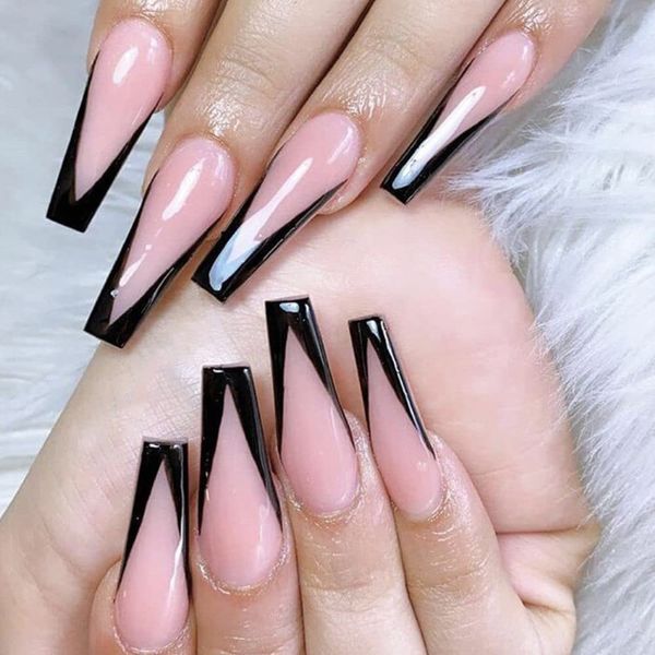 Glossy Long Ballerina Coffin False Nails stick on nails fake nails 24pcs for Women and Girls (C_BlackPink)