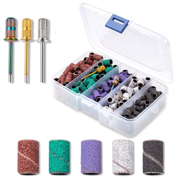 Nail Drill Bits Sanding Bands for Nail Drill, Lumcrissy Sanding Band with Storage Box,Include 250 Superfine Grinding Wheel Sand Bands and 3 Pieces Mandrel for Most Size 3/32" Nail Drill