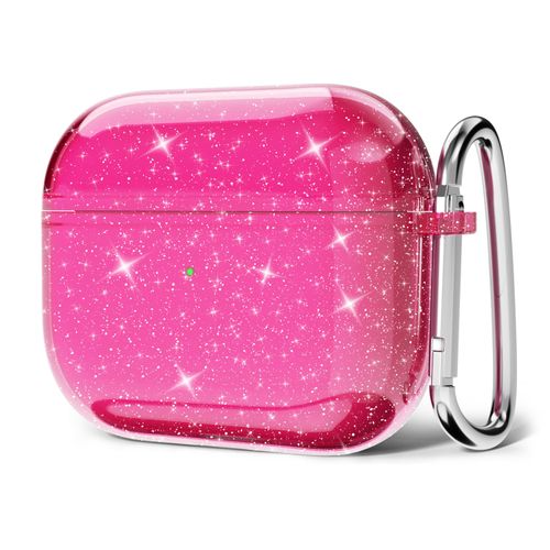 Svanove for Airpods 4 Case Clear Glitter, Sparkly Bling Girly Cute Airpods 4th Generation Case with Keychain, Hard Shell Y2k Trendy Aesthetic Bright Shiny Airpods Cover for Women Girl, Neon Hot Pink