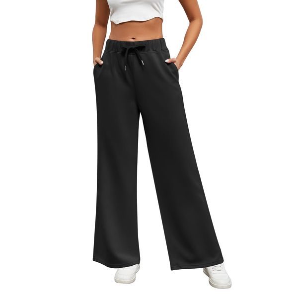 Xnova Hosen Damen mit Geradem Bein Yogahose, Lounge Jogginghose Kordelzug Breites Bein Freizeithose Hohe Taille, Bequem Viskose Hose Sweatpants Dehnbar Homewear Sporthose mit Taschen (Schwarz, L)