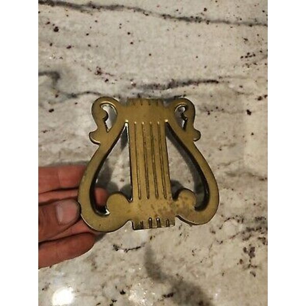 Vintage Pre 1970 Solid Brass Music Harp Instrument Door Knocker Note Symbol