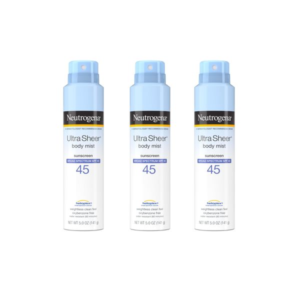 Neutrogena Ultra Sheer Body Mist Sunscreen Spray Broad Spectrum SPF 45, Lightweight, Non-Greasy & Water Resistant, Oil-Free & Non-Comedogenic UVA/UVB Sunscreen Mist, 5 oz, Pack of 3