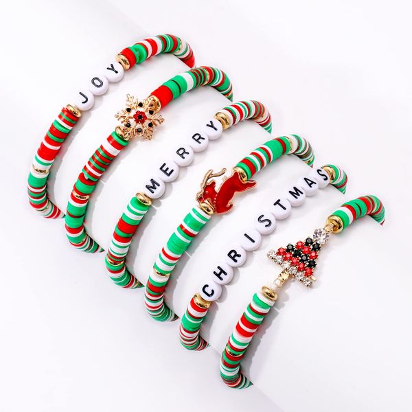 XOCARTIGE Christmas Bracelets Holiday Heishi Bracelets for Women Stackable Red Green Clay Beaded Stretch Bracelets Snowflake Xmas Tree Reindeer Charms Bracelets Holiday Gifts (Christmas 3)