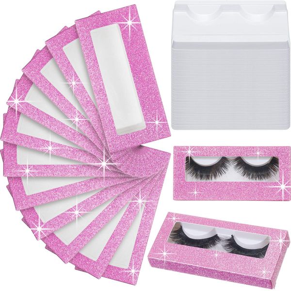 100 Pieces Empty Eyelash Case Set, 50 Empty Eyelash Boxes Lash Box Packaging Glitter Paper Eyelash Storage Box, 50 Empty Eyelash Boxes Tray False Eyelash Storage Box Packing Eyelash Lid Tray (Pink)