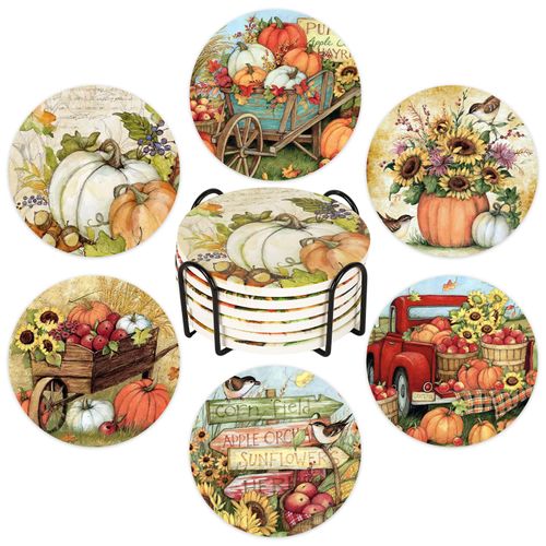 Whaline 6Pcs Fall Ceramic Coasters with Holder Pumpkin Truck Sunflower Bucket Drink Coaster Retro Farmhouse Heat-Resistant Cup Mats for Autumn Thanksgiving Home Party Tabletop Decor