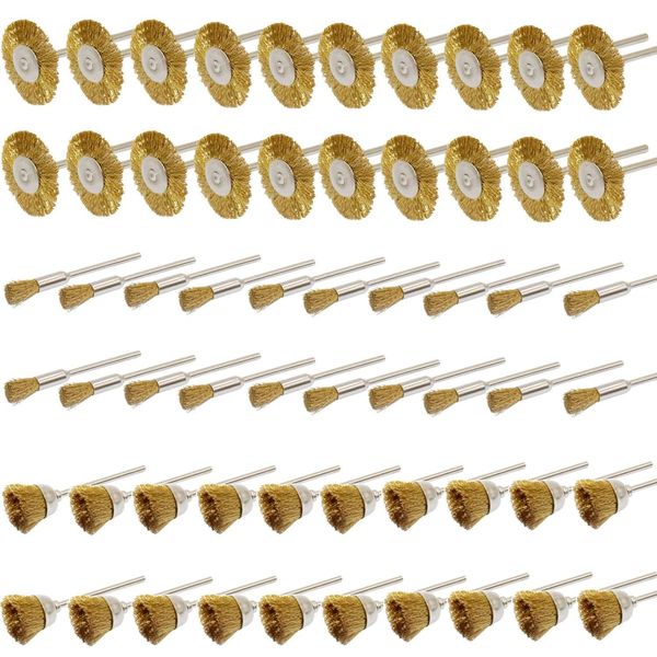 PHYHOO Brass Wire Brushes Cup Wheels Polish Cleaning Brush Kit Polishing Attachment Die Grinder Rotary Tools Accessories 3 MM Mandrel 60 Pieces